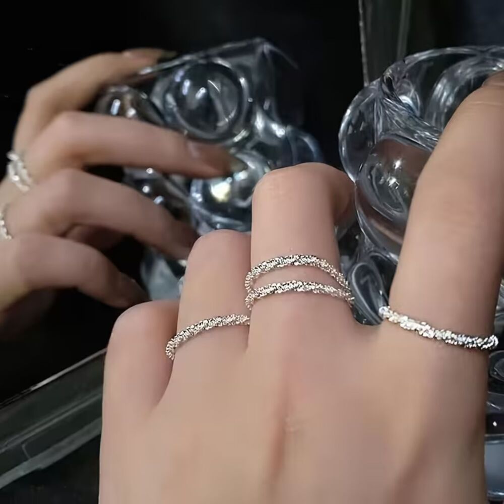 4 pc Silver Sparkle Ring Set Flexible Crystal Bling Bundle Friendship Promise